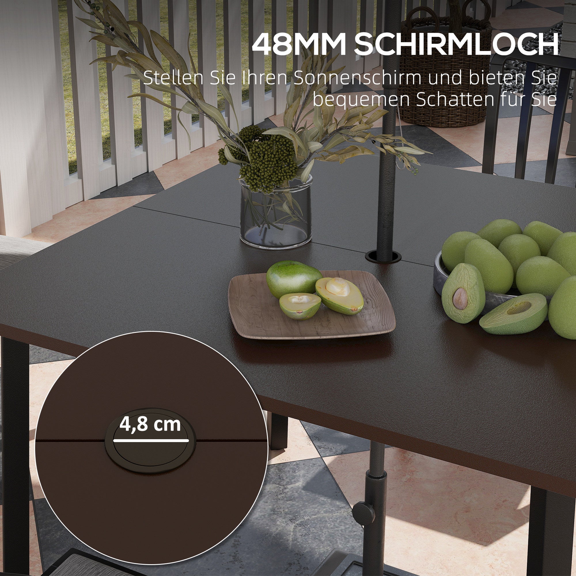 Garden Table, Dining Table for Garden, Square Balcony Table for 4 People Patio Table with Umbrella Hole, Steel, Brown, 100 x 100 x 72 cm