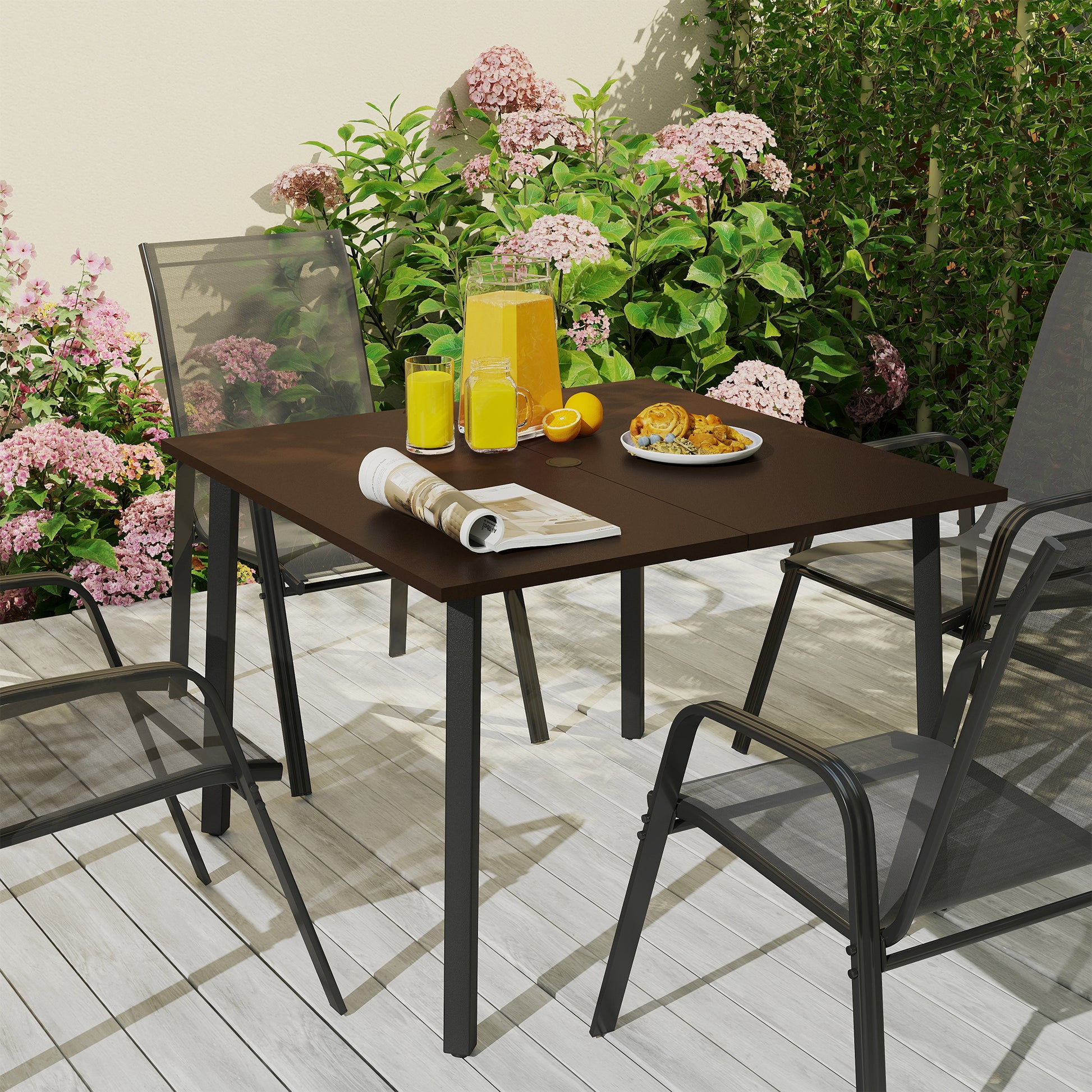 Garden Table, Dining Table for Garden, Square Balcony Table for 4 People Patio Table with Umbrella Hole, Steel, Brown, 100 x 100 x 72 cm
