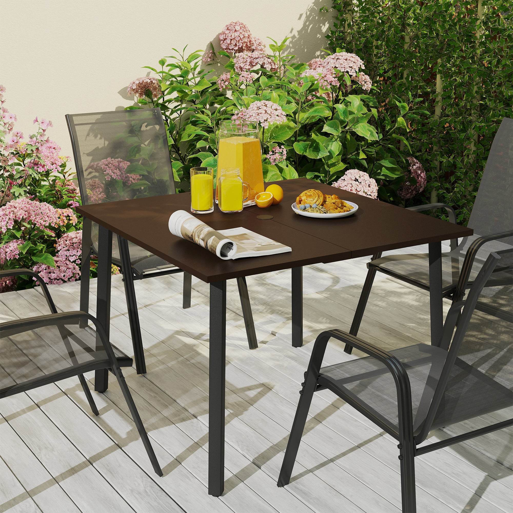 Garden Table, Dining Table for Garden, Square Balcony Table for 4 People Patio Table with Umbrella Hole, Steel, Brown, 100 x 100 x 72 cm