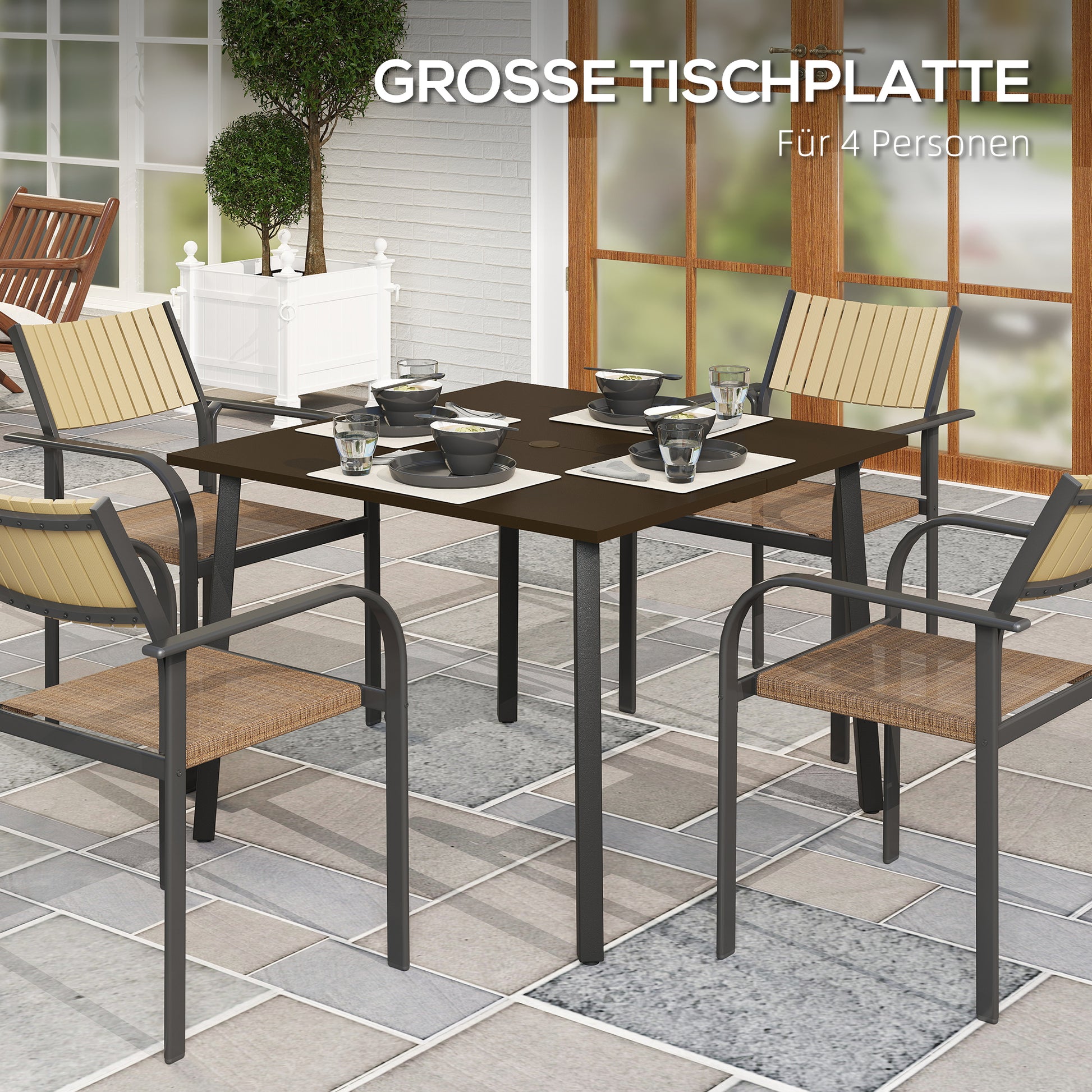 Garden Table, Dining Table for Garden, Square Balcony Table for 4 People Patio Table with Umbrella Hole, Steel, Brown, 100 x 100 x 72 cm
