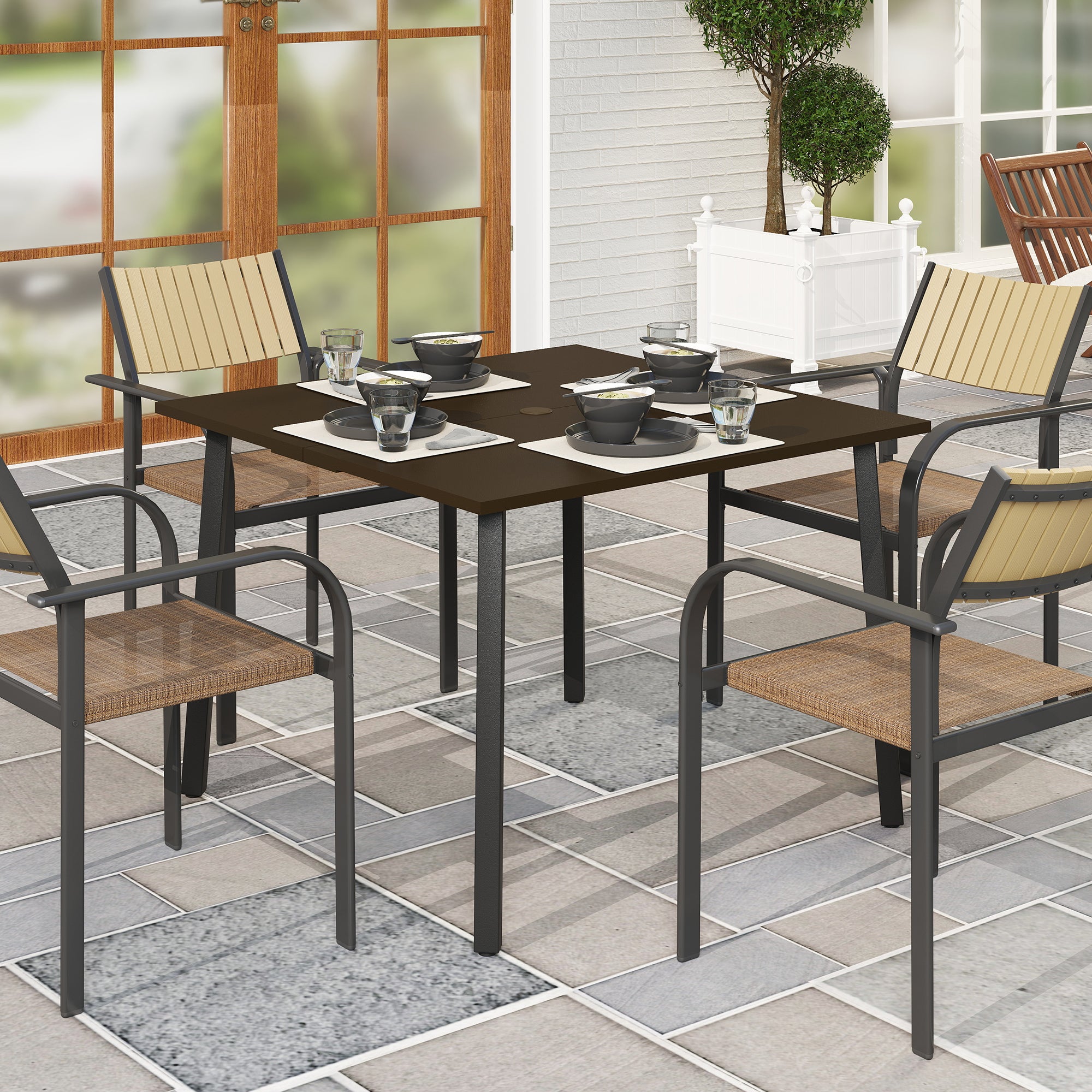 Garden Table, Dining Table for Garden, Square Balcony Table for 4 People Patio Table with Umbrella Hole, Steel, Brown, 100 x 100 x 72 cm