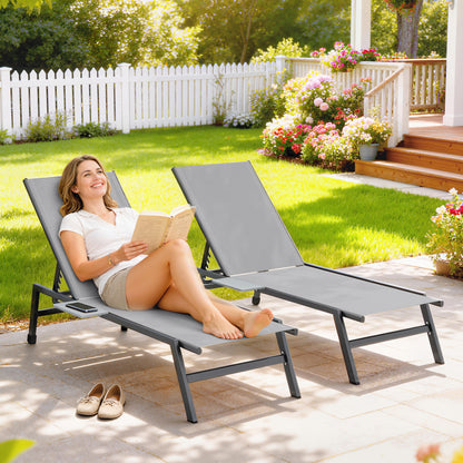 2-Piece Adjustable Sun Lounger Set with 5-Position Backrests, Side Tables & Wheels — Slip-Resistant Feet, Up to 265 lb, Outdoor Chaise for Pool & Beach, Gray
