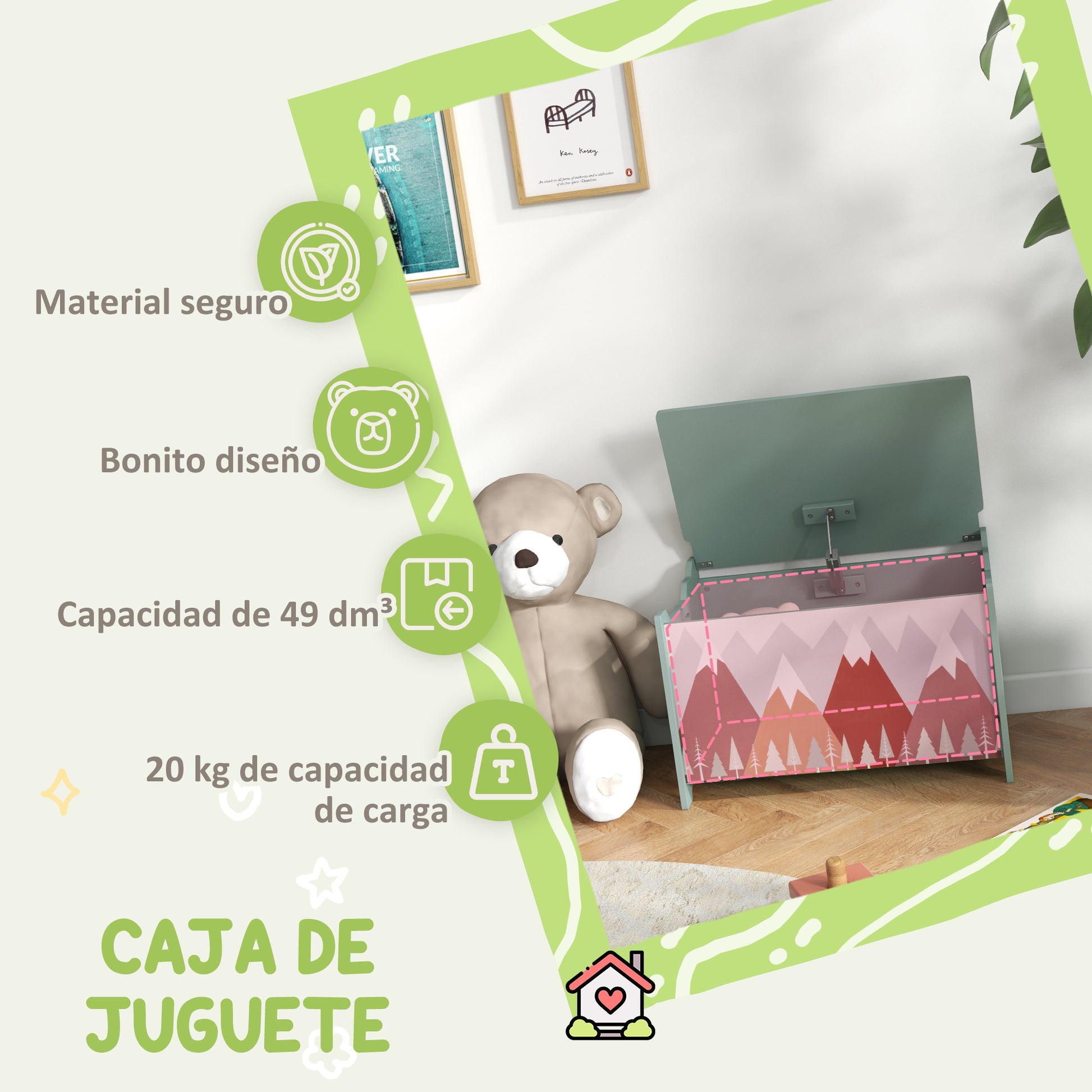 ZONEKIZ Storage Boxes Toy Boxes for Kids 3-8 Years Old with 2 Handles and Bear Print Load 20 kg for Books Clothes in Bedroom Living Room Dining Room 60x37x39 cm Green
