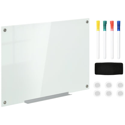 Whiteboard Magnetic Board with 4 Pens, 6 Magnets, 1 Sponge, 1 Shelf, Easel Glass Panel Wall-Mountable Easy to Wipe 90 x 60 cm
