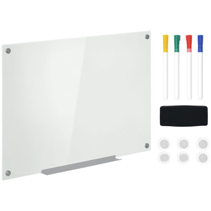 Whiteboard Magnetic Board with 4 Pens, 6 Magnets, 1 Sponge, 1 Shelf, Easel Glass Panel Wall-Mountable Easy to Wipe 90 x 60 cm