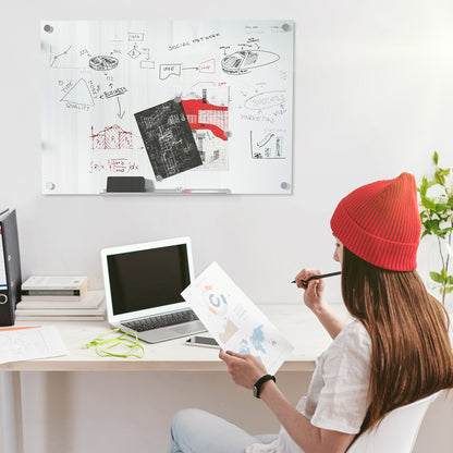 Whiteboard Magnetic Board with 4 Pens, 6 Magnets, 1 Sponge, 1 Shelf, Easel Glass Panel Wall-Mountable Easy to Wipe 90 x 60 cm