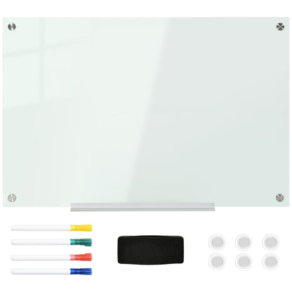 Whiteboard Magnetic Board with 4 Pens, 6 Magnets, 1 Sponge, 1 Shelf, Easel Glass Panel Wall-Mountable Easy to Wipe 90 x 60 cm