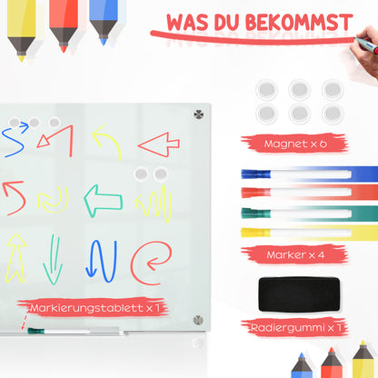 Whiteboard Magnetic Board with 4 Pens, 6 Magnets, 1 Sponge, 1 Shelf, Easel Glass Panel Wall-Mountable Easy to Wipe 90 x 60 cm