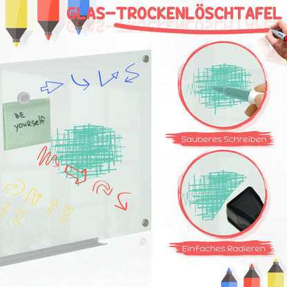 Whiteboard Magnetic Board with 4 Pens, 6 Magnets, 1 Sponge, 1 Shelf, Easel Glass Panel Wall-Mountable Easy to Wipe 90 x 60 cm