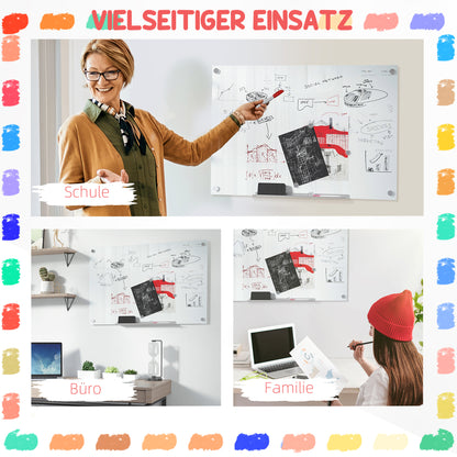Whiteboard Magnetic Board with 4 Pens, 6 Magnets, 1 Sponge, 1 Shelf, Easel Glass Panel Wall-Mountable Easy to Wipe 90 x 60 cm