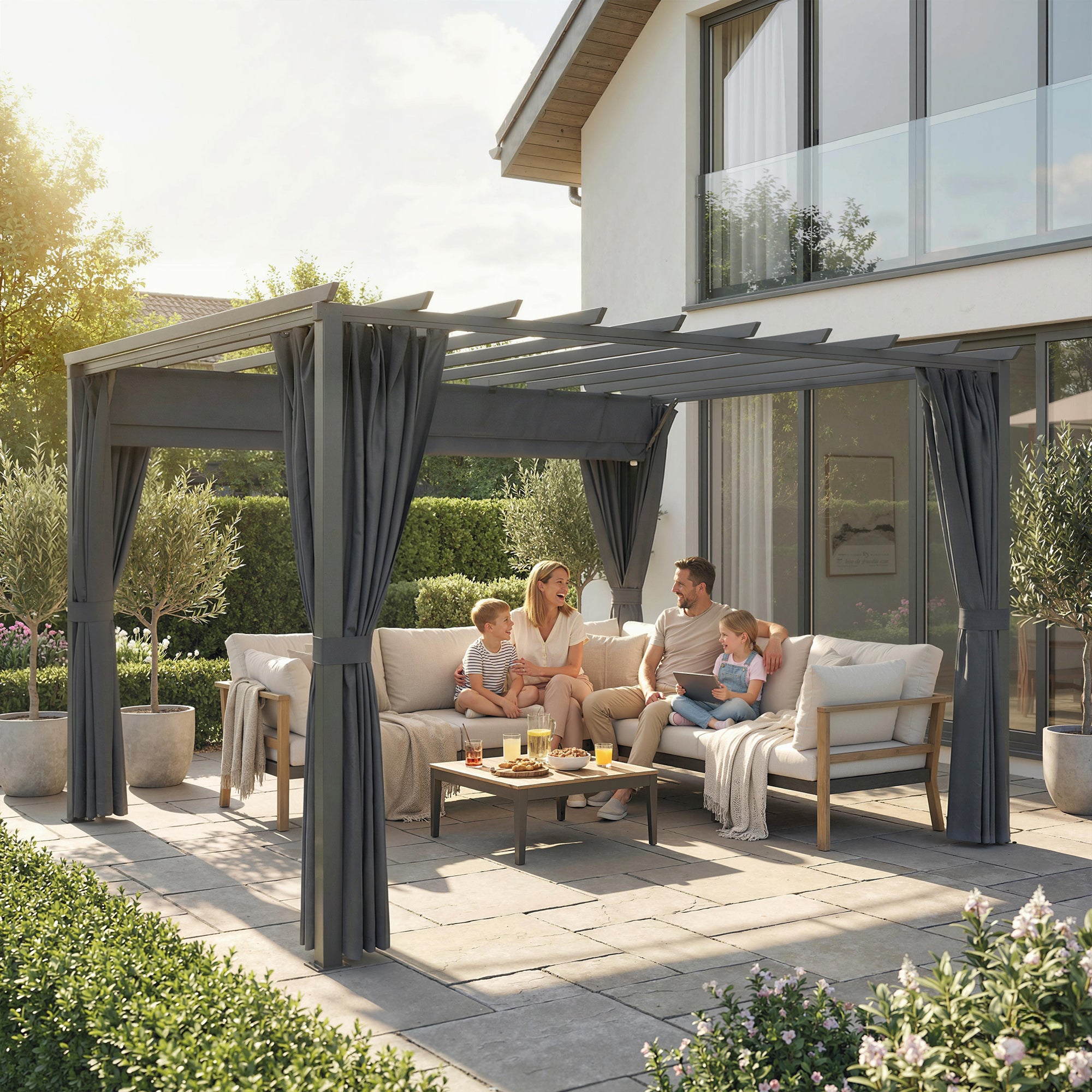 Pergola approx. 3.6 x 3.0 m Garden Pavilion — Aluminum Patio Canopy with Adjustable Retractable Roof, Freestanding Sun Shelter, Dark Gray