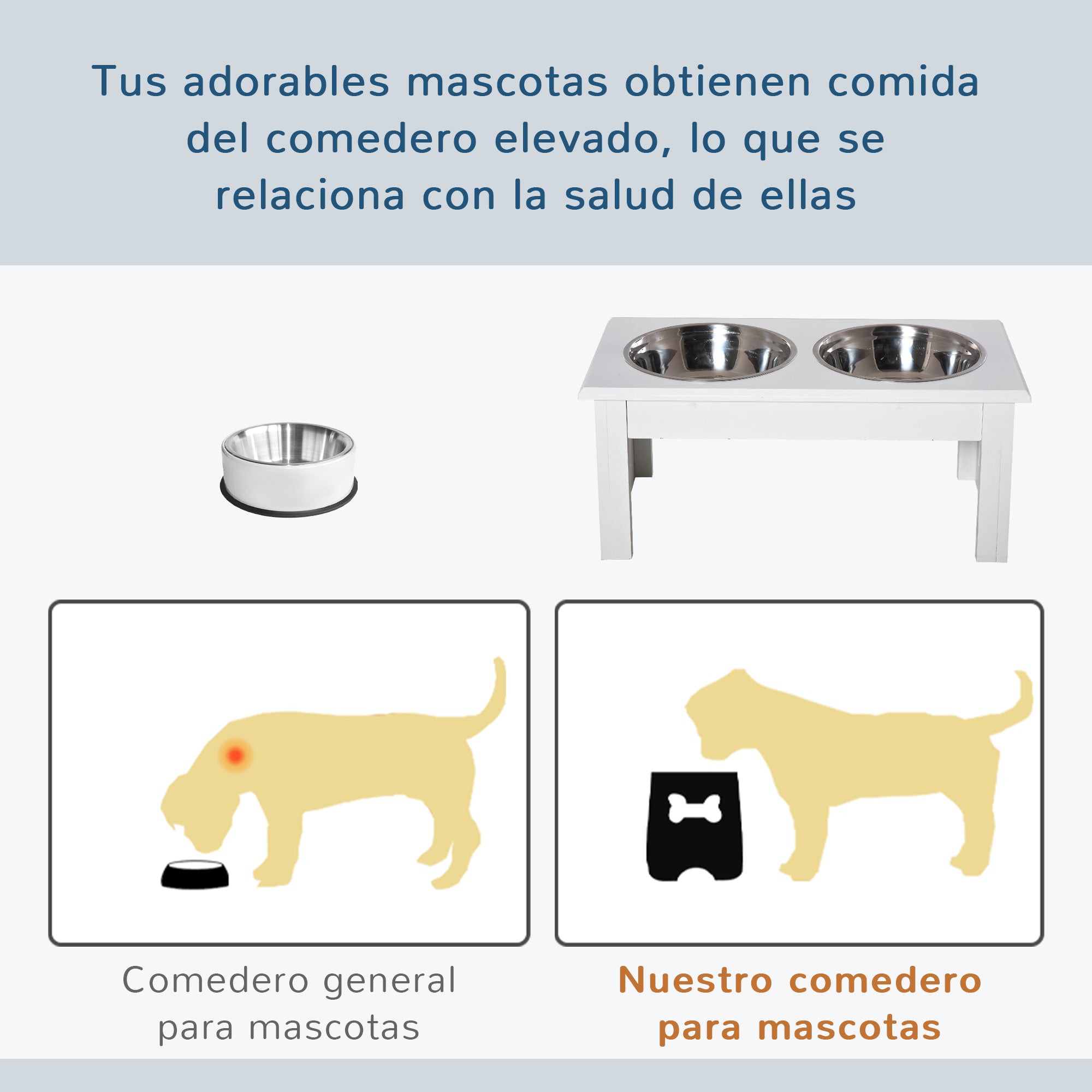 Raised Feeder for Dogs with Stand and 2 Removable Stainless Steel Bowls Pet Feeder Food and Water 44x24x15 cm White