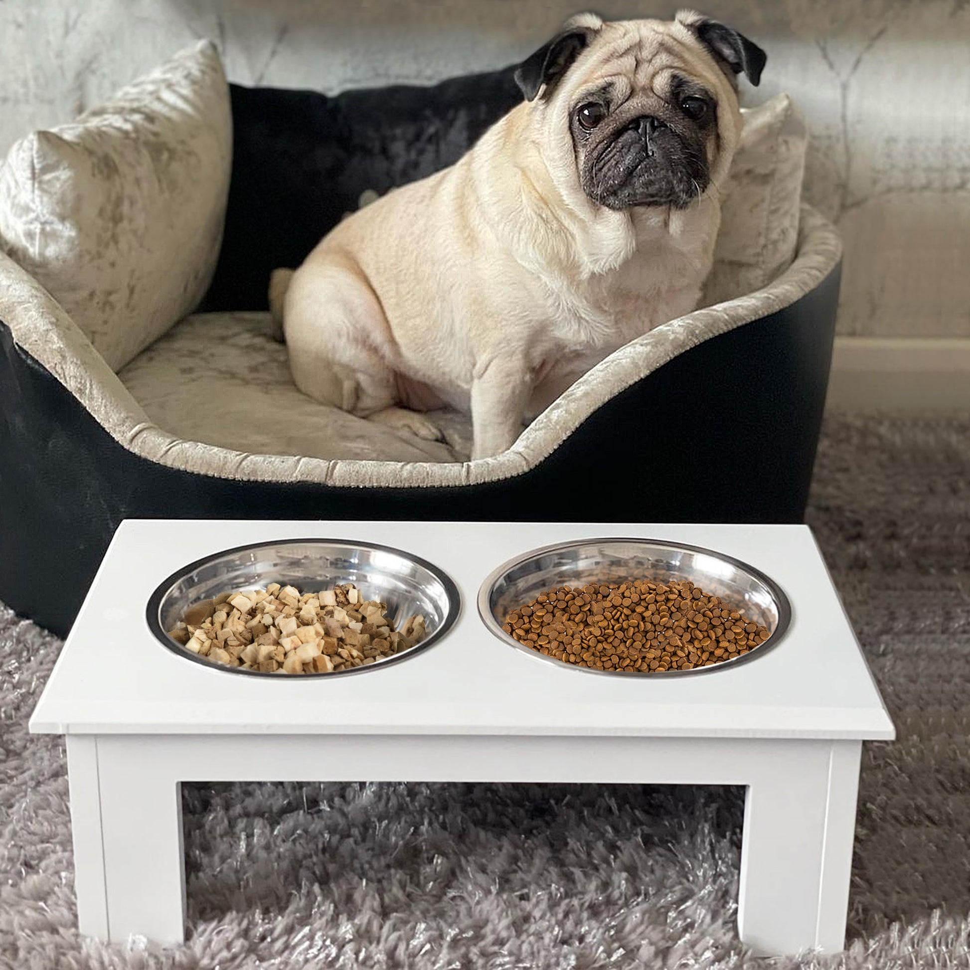 Raised Feeder for Dogs with Stand and 2 Removable Stainless Steel Bowls Pet Feeder Food and Water 44x24x15 cm White
