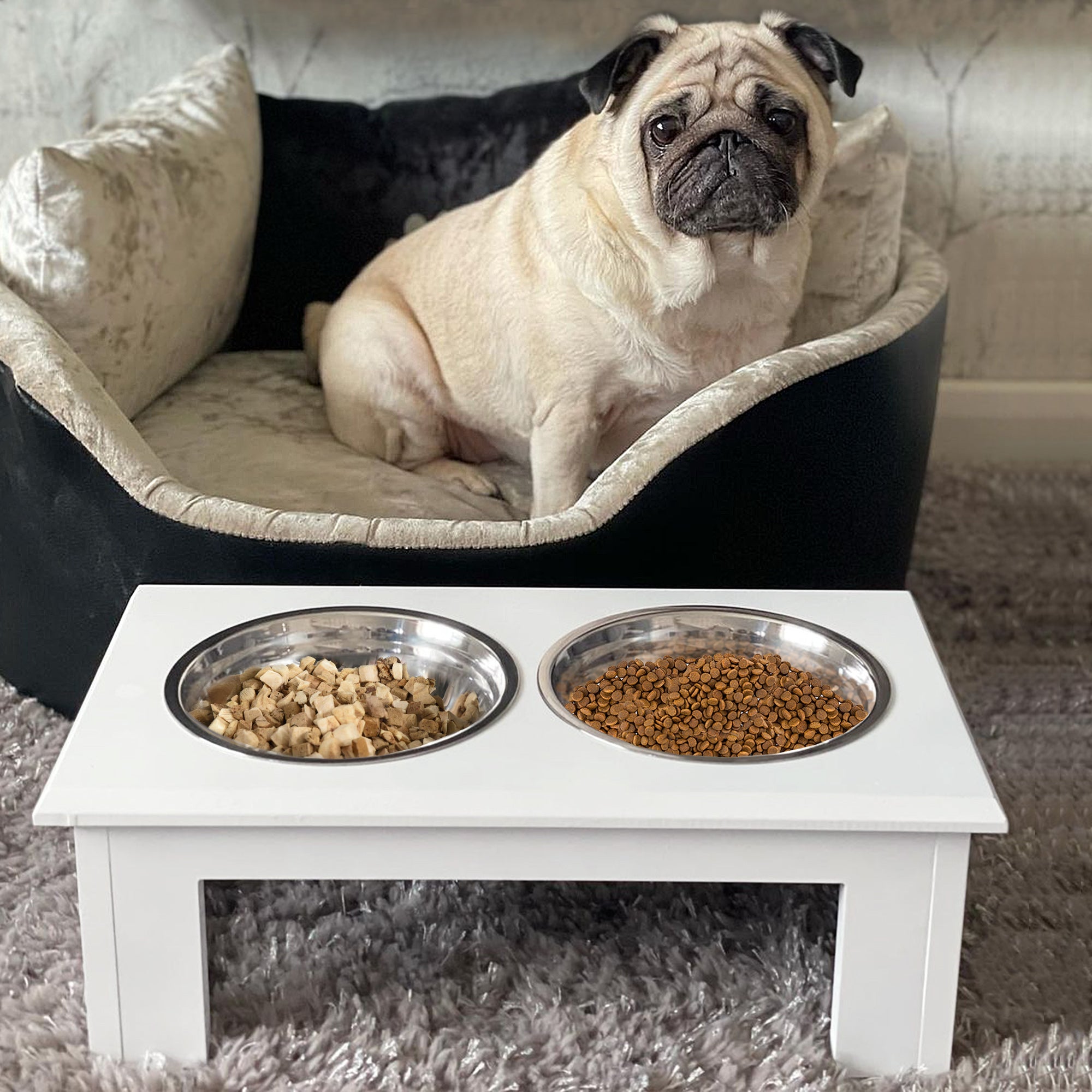 Raised Feeder for Dogs with Stand and 2 Removable Stainless Steel Bowls Pet Feeder Food and Water 44x24x15 cm White