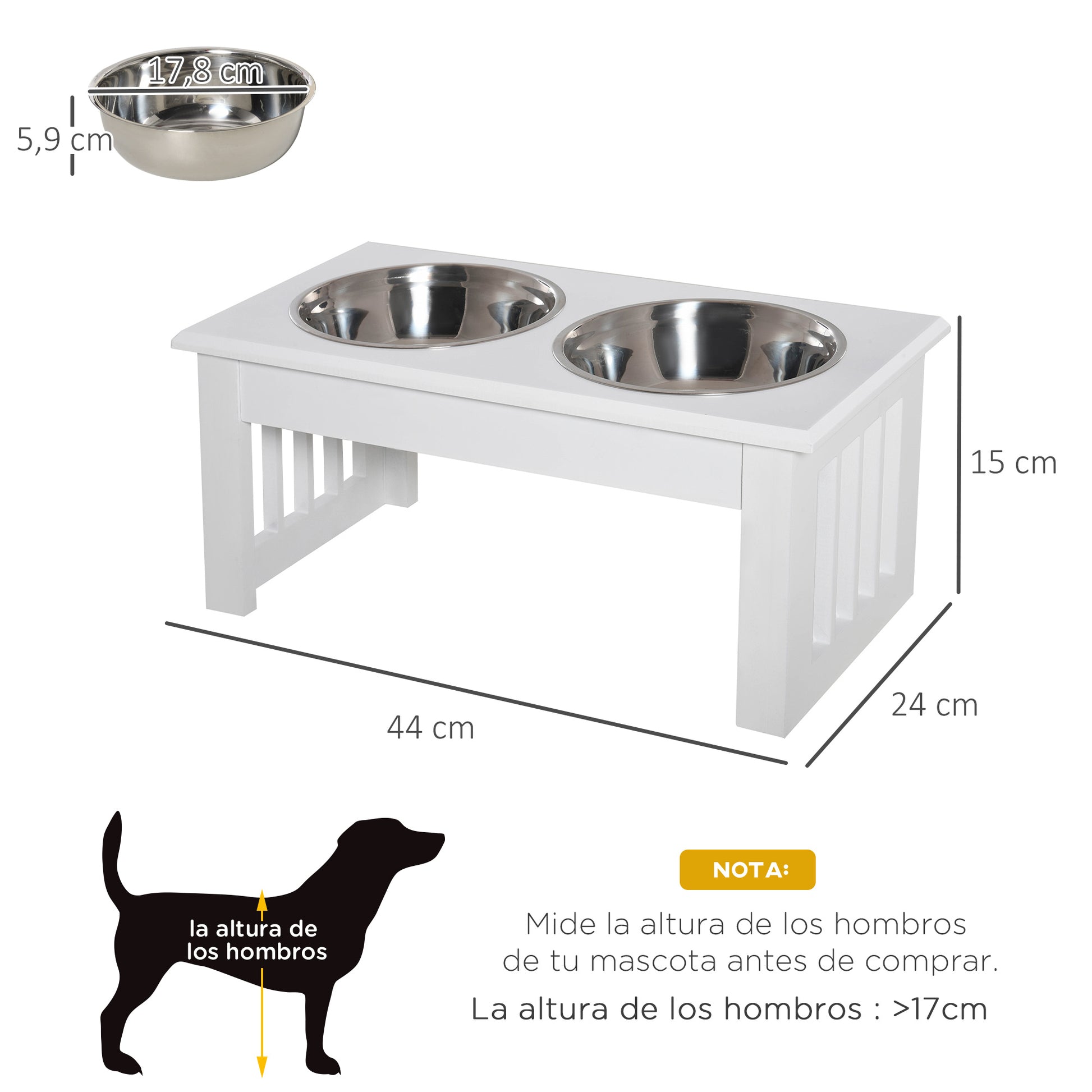 Raised Feeder for Dogs with Stand and 2 Removable Stainless Steel Bowls Pet Feeder Food and Water 44x24x15 cm White