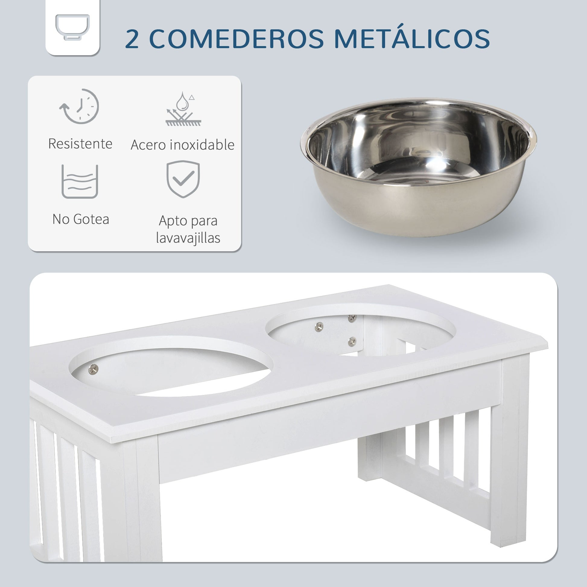 Raised Feeder for Dogs with Stand and 2 Removable Stainless Steel Bowls Pet Feeder Food and Water 44x24x15 cm White