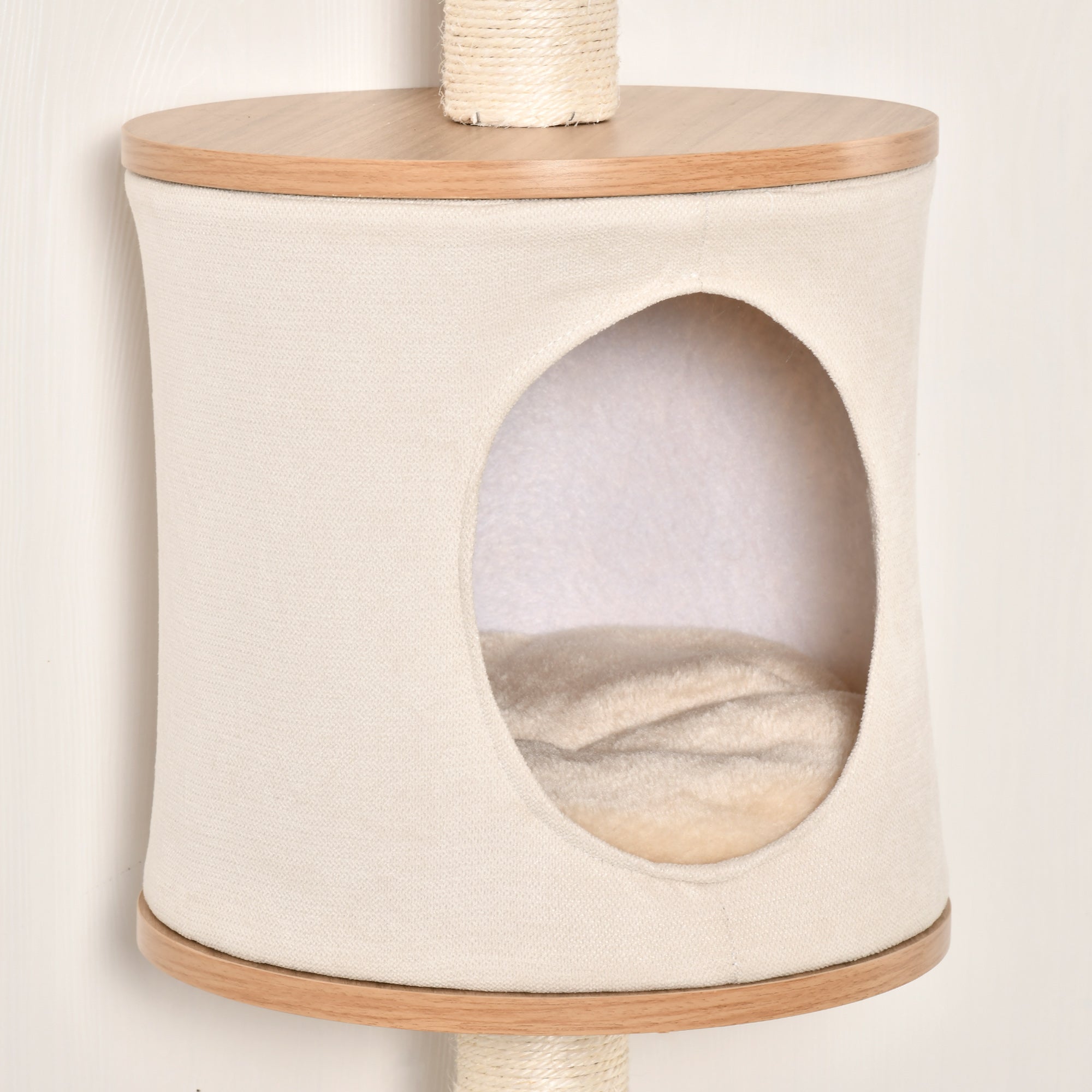 Wall-Mounted Cat Tree 38x30x149 cm with Multiple Wooden Platforms, Cave, Top Bed, Removable Cushion, Sisal Scratching Posts, Climbing Tower - Beige and Oak