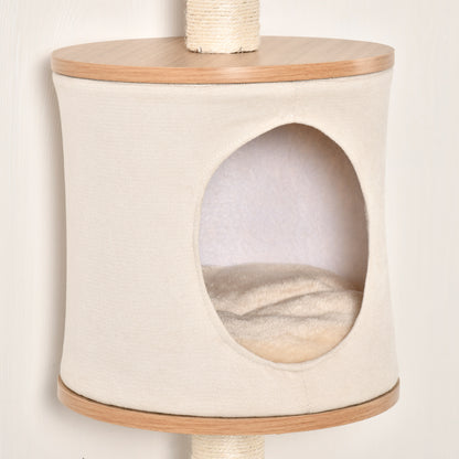 Wall-Mounted Cat Tree 38x30x149 cm with Multiple Wooden Platforms, Cave, Top Bed, Removable Cushion, Sisal Scratching Posts, Climbing Tower - Beige and Oak