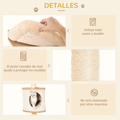 Wall-Mounted Cat Tree 38x30x149 cm with Multiple Wooden Platforms, Cave, Top Bed, Removable Cushion, Sisal Scratching Posts, Climbing Tower - Beige and Oak