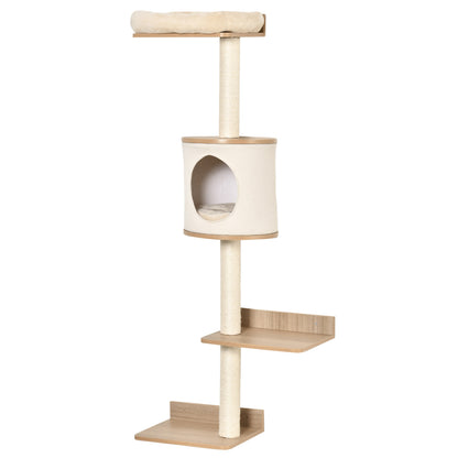 Wall-Mounted Cat Tree 38x30x149 cm with Multiple Wooden Platforms, Cave, Top Bed, Removable Cushion, Sisal Scratching Posts, Climbing Tower - Beige and Oak