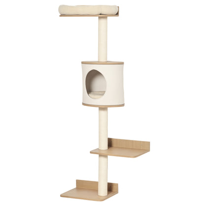 Wall-Mounted Cat Tree 38x30x149 cm with Multiple Wooden Platforms, Cave, Top Bed, Removable Cushion, Sisal Scratching Posts, Climbing Tower - Beige and Oak