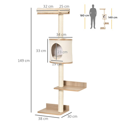 Wall-Mounted Cat Tree 38x30x149 cm with Multiple Wooden Platforms, Cave, Top Bed, Removable Cushion, Sisal Scratching Posts, Climbing Tower - Beige and Oak