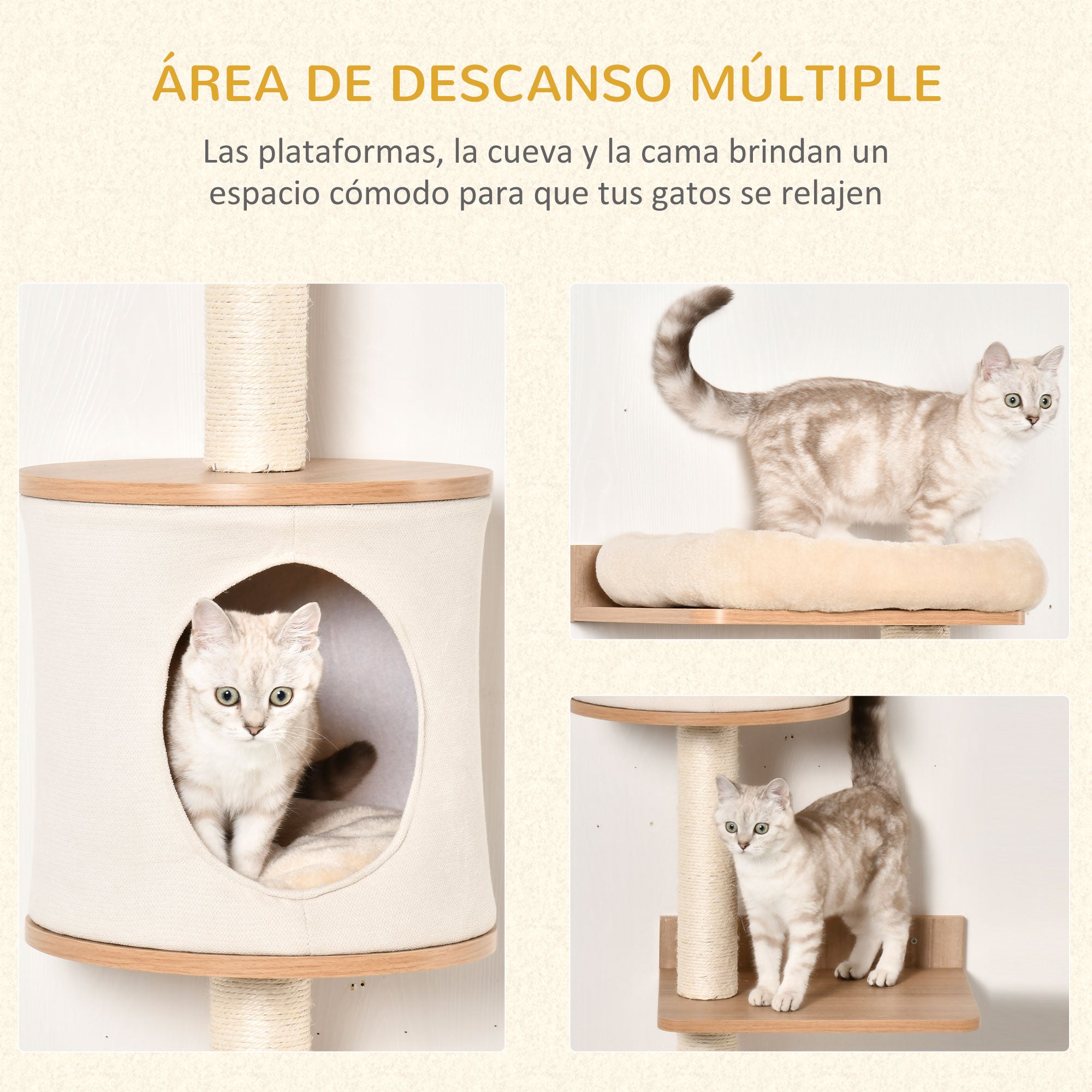 Wall-Mounted Cat Tree 38x30x149 cm with Multiple Wooden Platforms, Cave, Top Bed, Removable Cushion, Sisal Scratching Posts, Climbing Tower - Beige and Oak