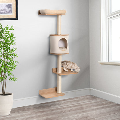 Wall-Mounted Cat Tree 38x30x149 cm with Multiple Wooden Platforms, Cave, Top Bed, Removable Cushion, Sisal Scratching Posts, Climbing Tower - Beige and Oak