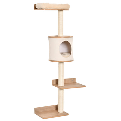 Wall-Mounted Cat Tree 38x30x149 cm with Multiple Wooden Platforms, Cave, Top Bed, Removable Cushion, Sisal Scratching Posts, Climbing Tower - Beige and Oak