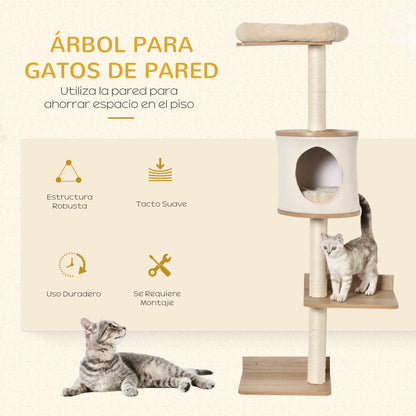 Wall-Mounted Cat Tree 38x30x149 cm with Multiple Wooden Platforms, Cave, Top Bed, Removable Cushion, Sisal Scratching Posts, Climbing Tower - Beige and Oak