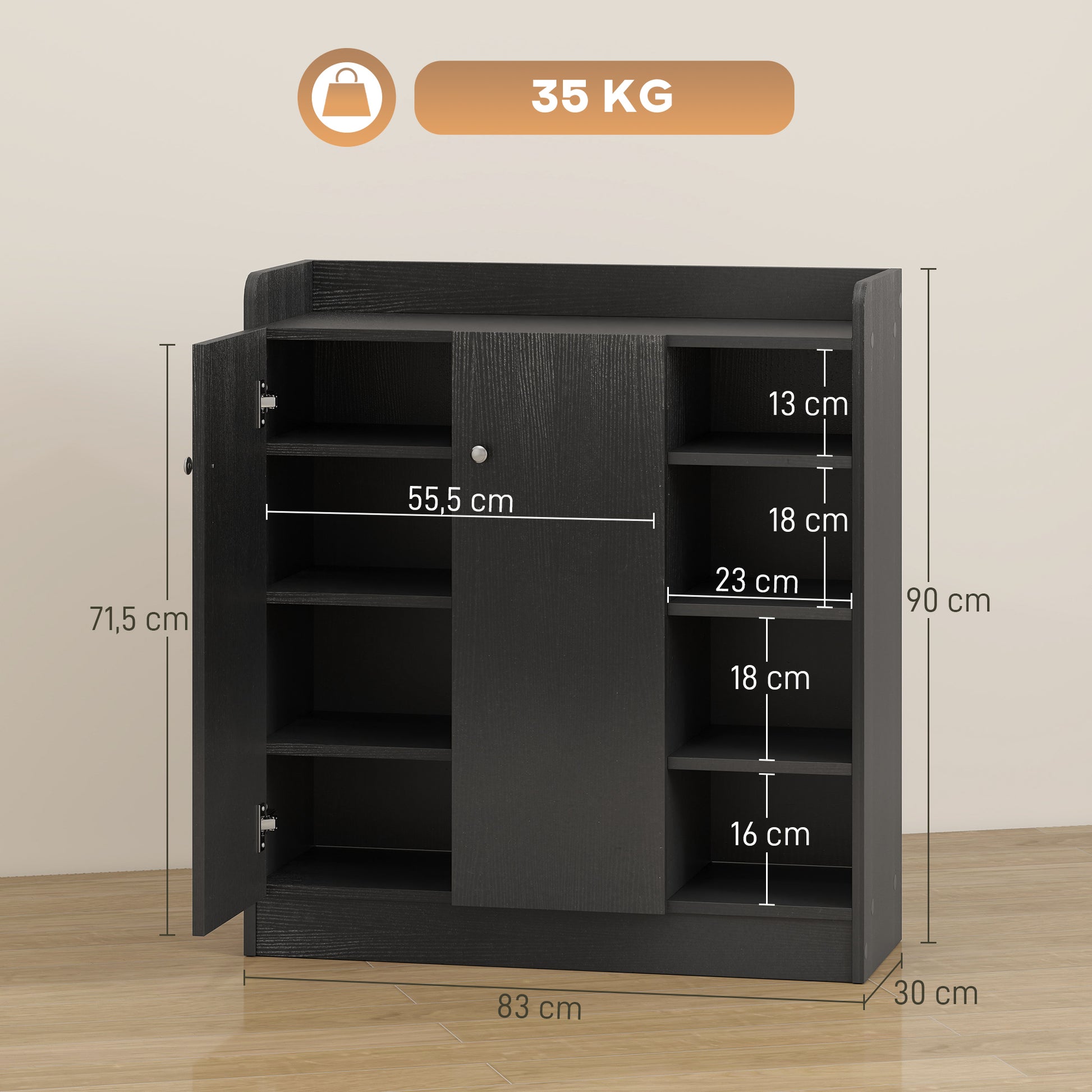 2-Door Shoe Cabinet Slim Shoe Rack with Adjustable Shelves for 12 Pairs of Shoes for Hallway Entryway 83x30x90 cm Black