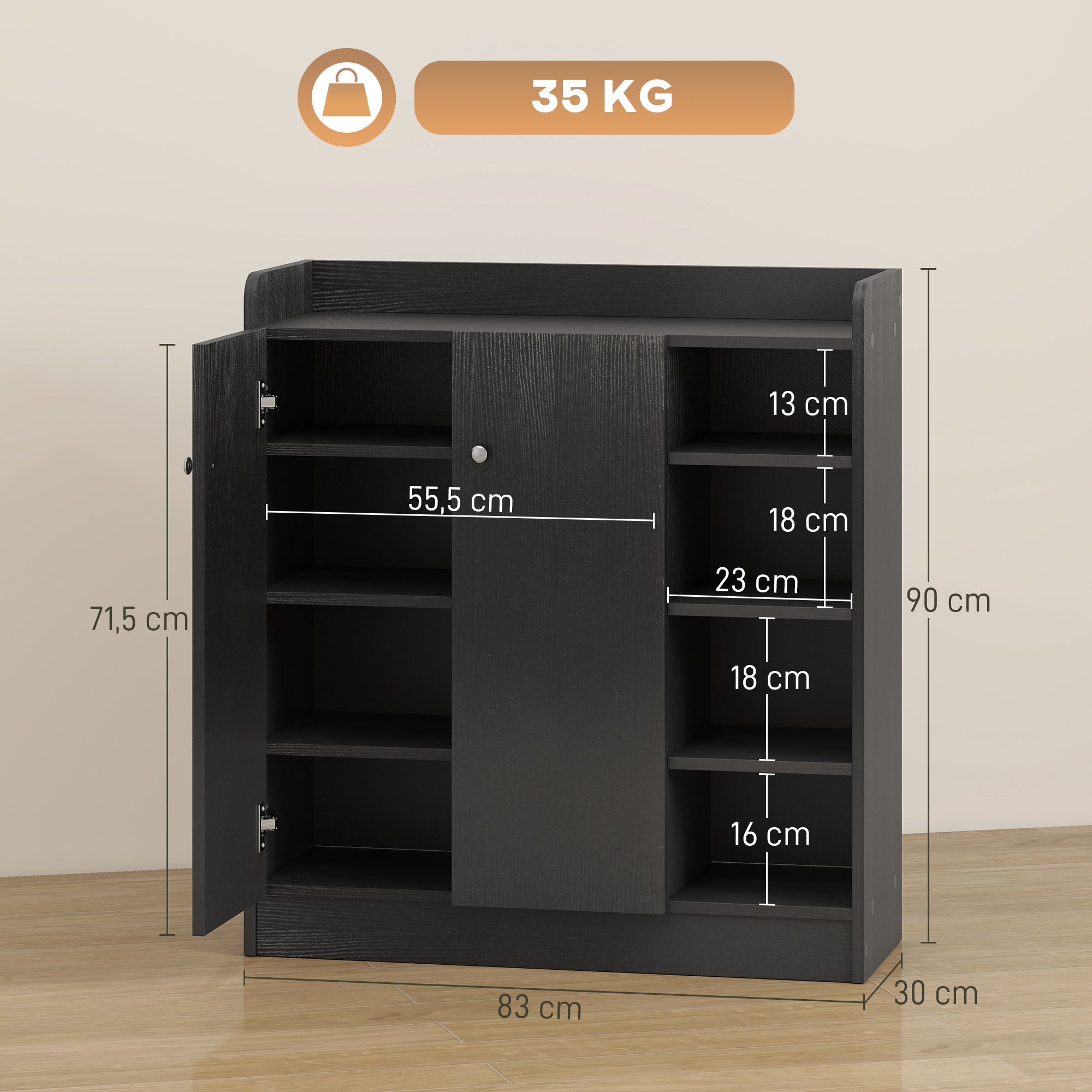 2-Door Shoe Cabinet Slim Shoe Rack with Adjustable Shelves for 12 Pairs of Shoes for Hallway Entryway 83x30x90 cm Black