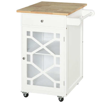 Service Trolley - kitchen trolley on wheels - drawer, cupboard, towel rack - dim. 63L x 45W x 86H cm - white wooden structure