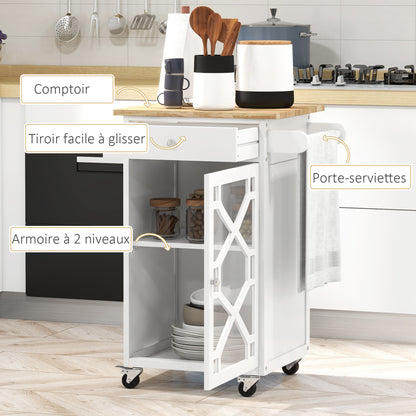 Service Trolley - kitchen trolley on wheels - drawer, cupboard, towel rack - dim. 63L x 45W x 86H cm - white wooden structure