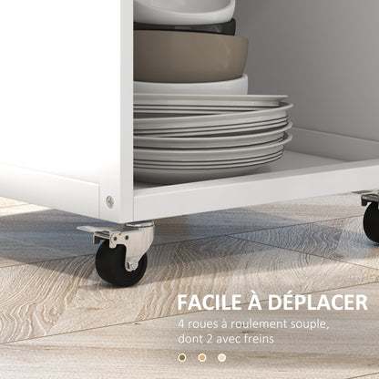 Service Trolley - kitchen trolley on wheels - drawer, cupboard, towel rack - dim. 63L x 45W x 86H cm - white wooden structure