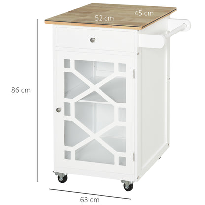 Service Trolley - kitchen trolley on wheels - drawer, cupboard, towel rack - dim. 63L x 45W x 86H cm - white wooden structure