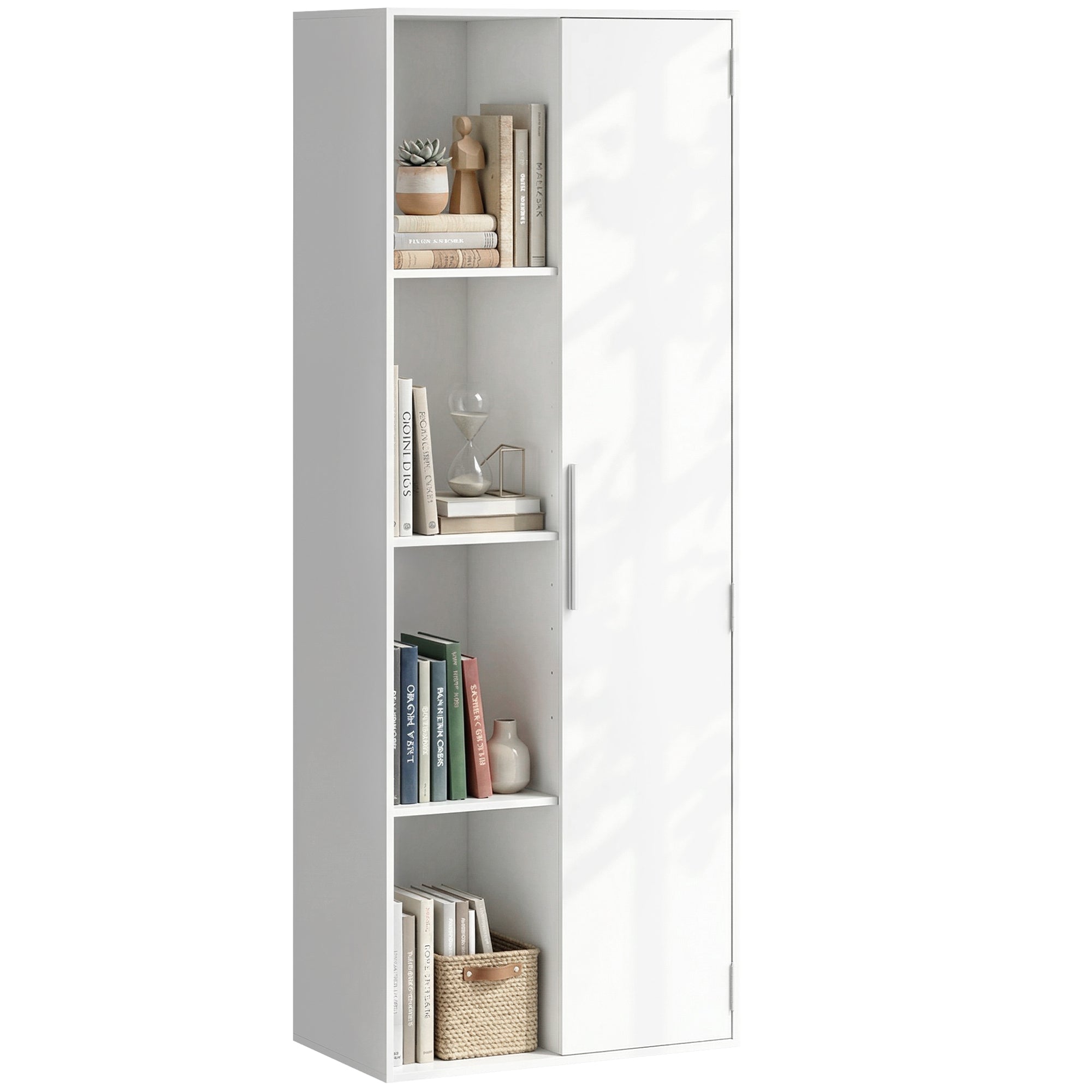 7-Tier Bookcase with Door, 4 Open Shelves & Adjustable Shelves — Modern Free-Standing Shelf 23.6 x 13.8 x 63 in (60 x 35 x 160 cm) — White