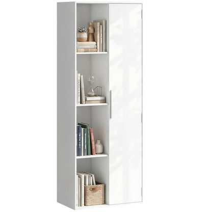 7-Tier Bookcase with Door, 4 Open Shelves & Adjustable Shelves — Modern Free-Standing Shelf 23.6 x 13.8 x 63 in (60 x 35 x 160 cm) — White