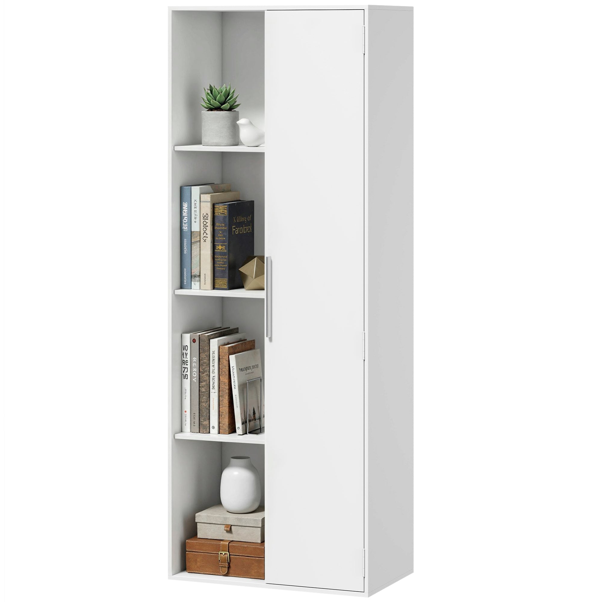 7-Tier Bookcase with Door, 4 Open Shelves & Adjustable Shelves — Modern Free-Standing Shelf 23.6 x 13.8 x 63 in (60 x 35 x 160 cm) — White
