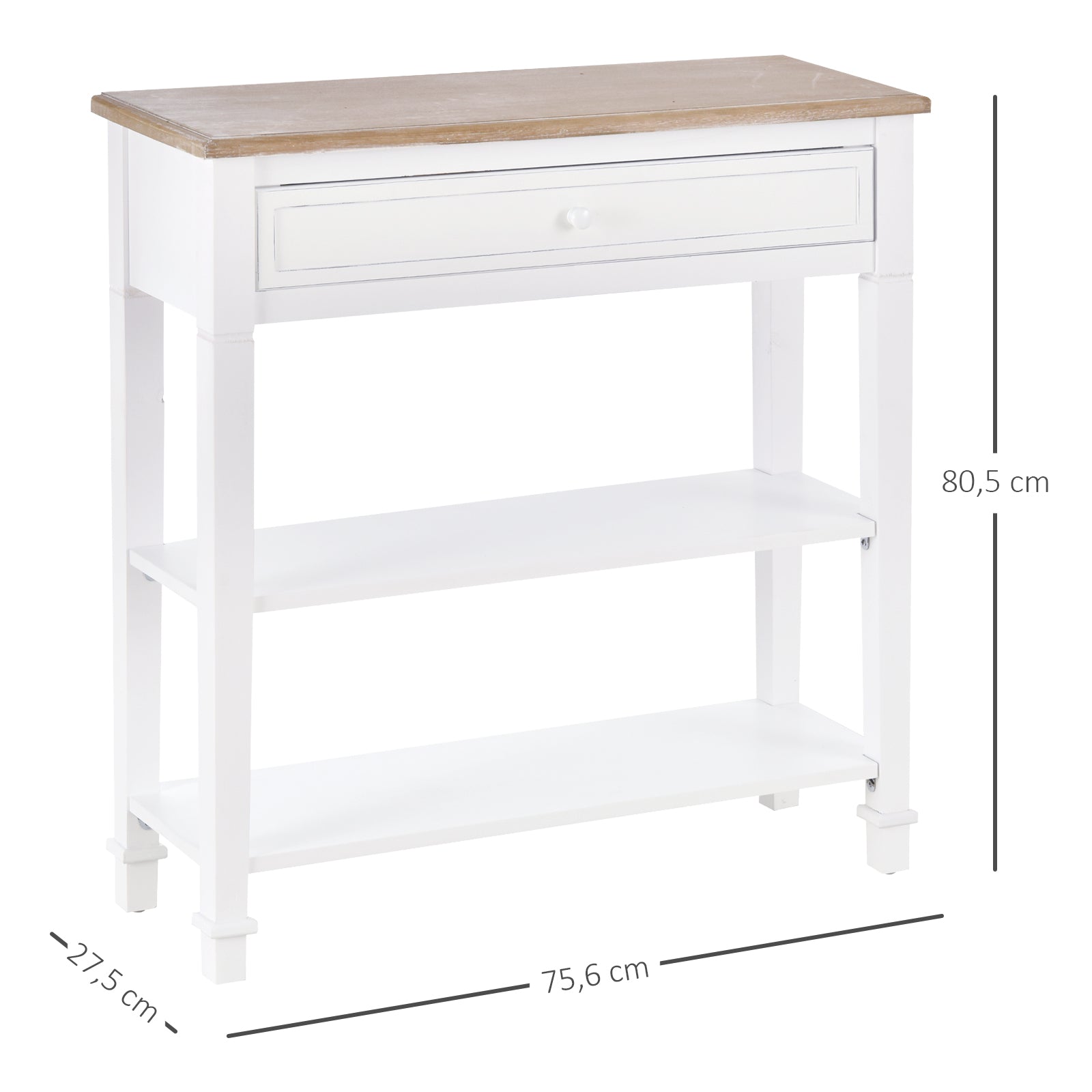 Multifunctional Console Table Side Table for Hallway Dining Room with 2 Shelves 1 Removable Drawer Retro Style Handle Pine 75.6x27.5x80.5 cm Natural Wood White