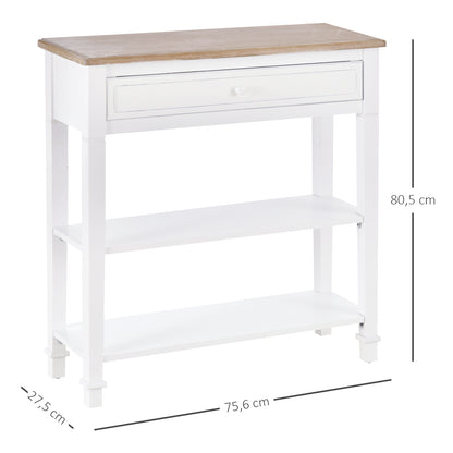 Multifunctional Console Table Side Table for Hallway Dining Room with 2 Shelves 1 Removable Drawer Retro Style Handle Pine 75.6x27.5x80.5 cm Natural Wood White