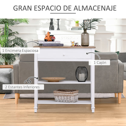 Multifunctional Console Table Side Table for Hallway Dining Room with 2 Shelves 1 Removable Drawer Retro Style Handle Pine 75.6x27.5x80.5 cm Natural Wood White