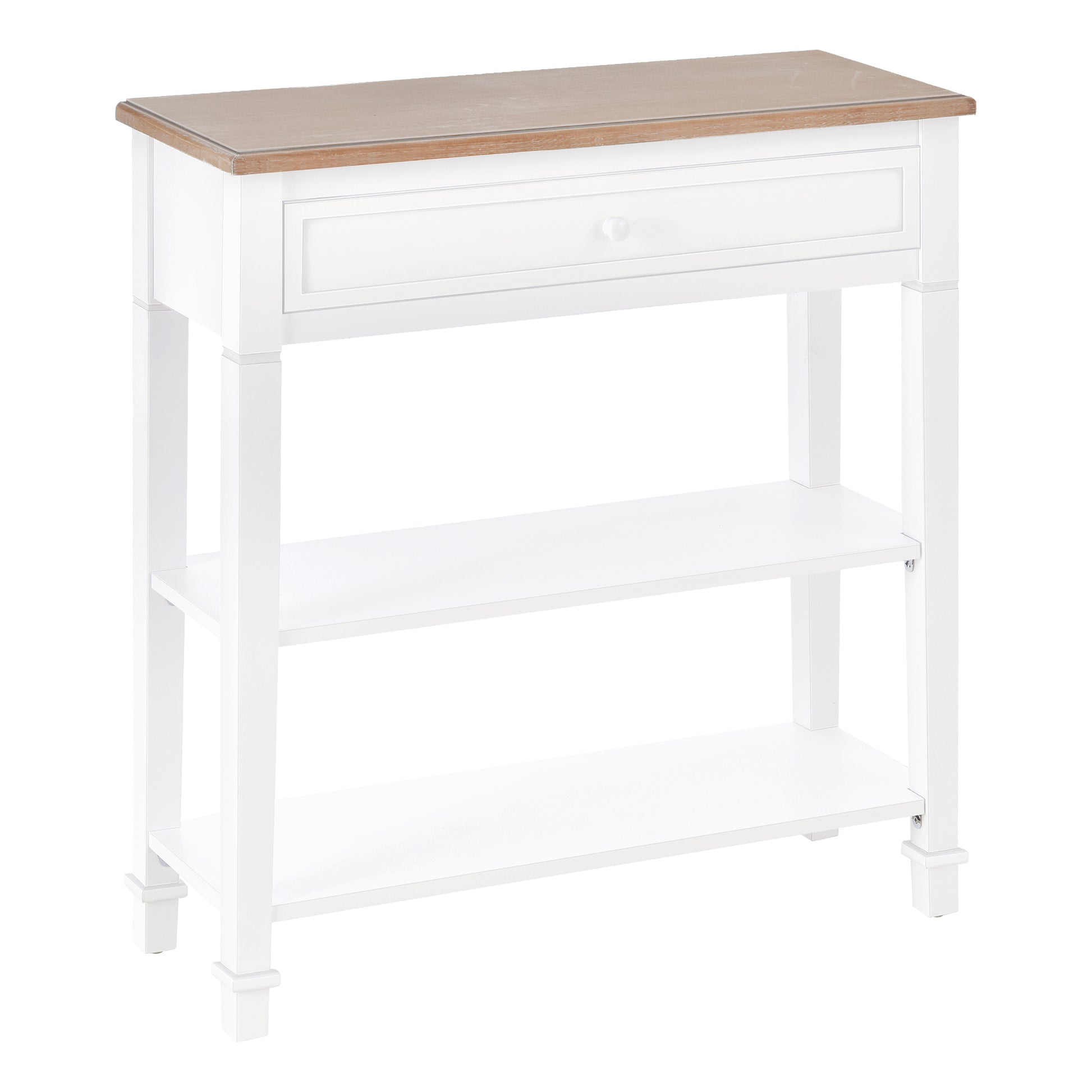 Multifunctional Console Table Side Table for Hallway Dining Room with 2 Shelves 1 Removable Drawer Retro Style Handle Pine 75.6x27.5x80.5 cm Natural Wood White