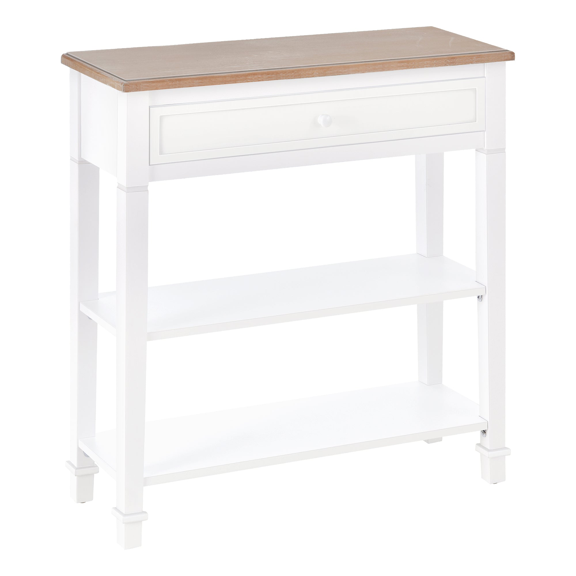 Multifunctional Console Table Side Table for Hallway Dining Room with 2 Shelves 1 Removable Drawer Retro Style Handle Pine 75.6x27.5x80.5 cm Natural Wood White