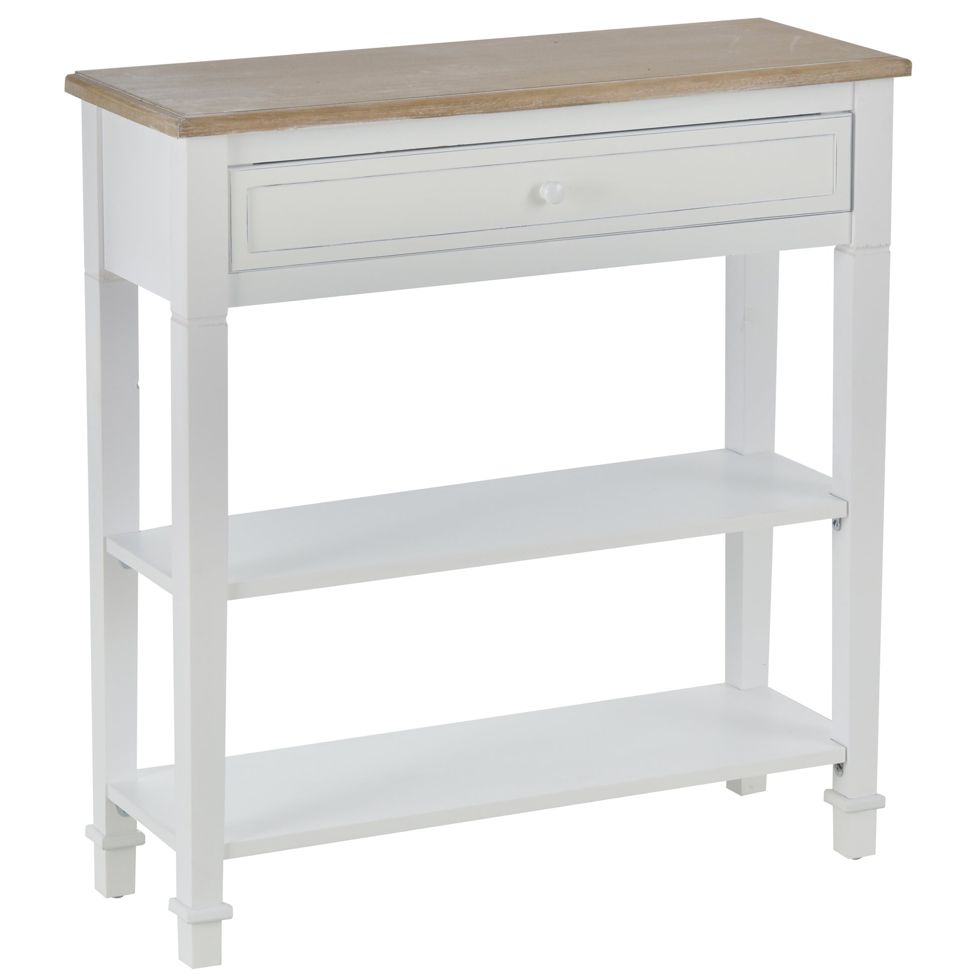 Multifunctional Console Table Side Table for Hallway Dining Room with 2 Shelves 1 Removable Drawer Retro Style Handle Pine 75.6x27.5x80.5 cm Natural Wood White