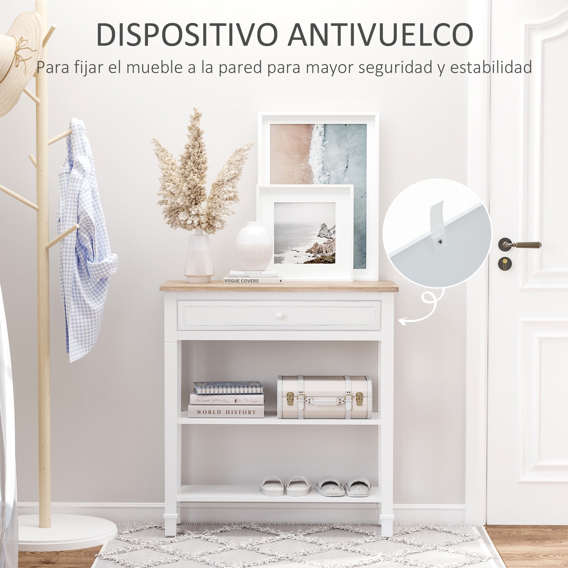 Multifunctional Console Table Side Table for Hallway Dining Room with 2 Shelves 1 Removable Drawer Retro Style Handle Pine 75.6x27.5x80.5 cm Natural Wood White