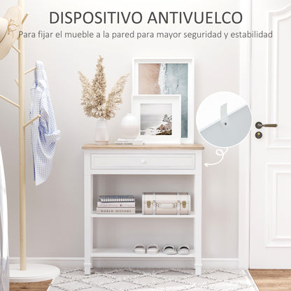 Multifunctional Console Table Side Table for Hallway Dining Room with 2 Shelves 1 Removable Drawer Retro Style Handle Pine 75.6x27.5x80.5 cm Natural Wood White