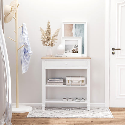 Multifunctional Console Table Side Table for Hallway Dining Room with 2 Shelves 1 Removable Drawer Retro Style Handle Pine 75.6x27.5x80.5 cm Natural Wood White