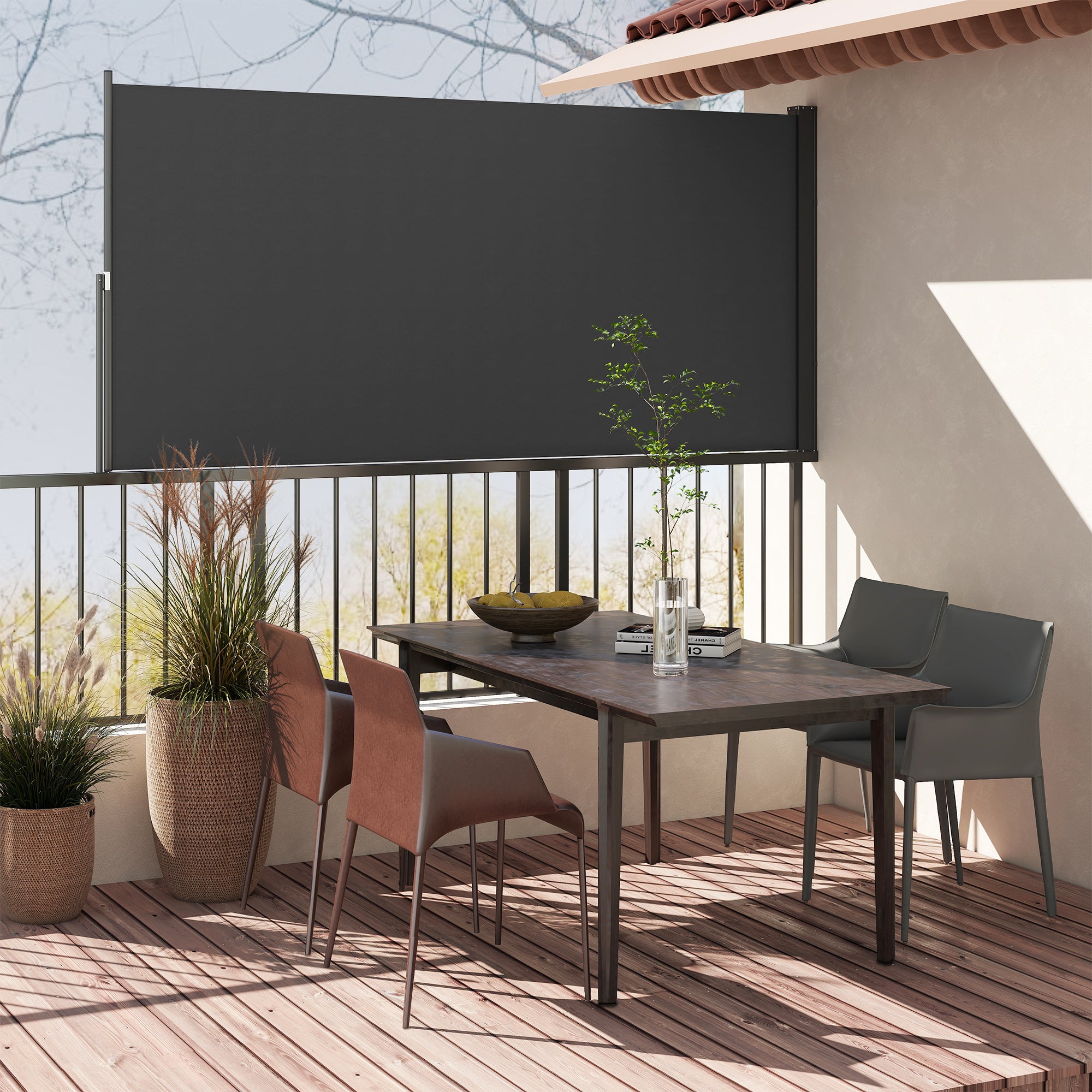 Retractable Garden Side Awning Screen 3m x 1.4m Aluminum Polyester Anti-UV High-Density 180 g/m² Dark Gray