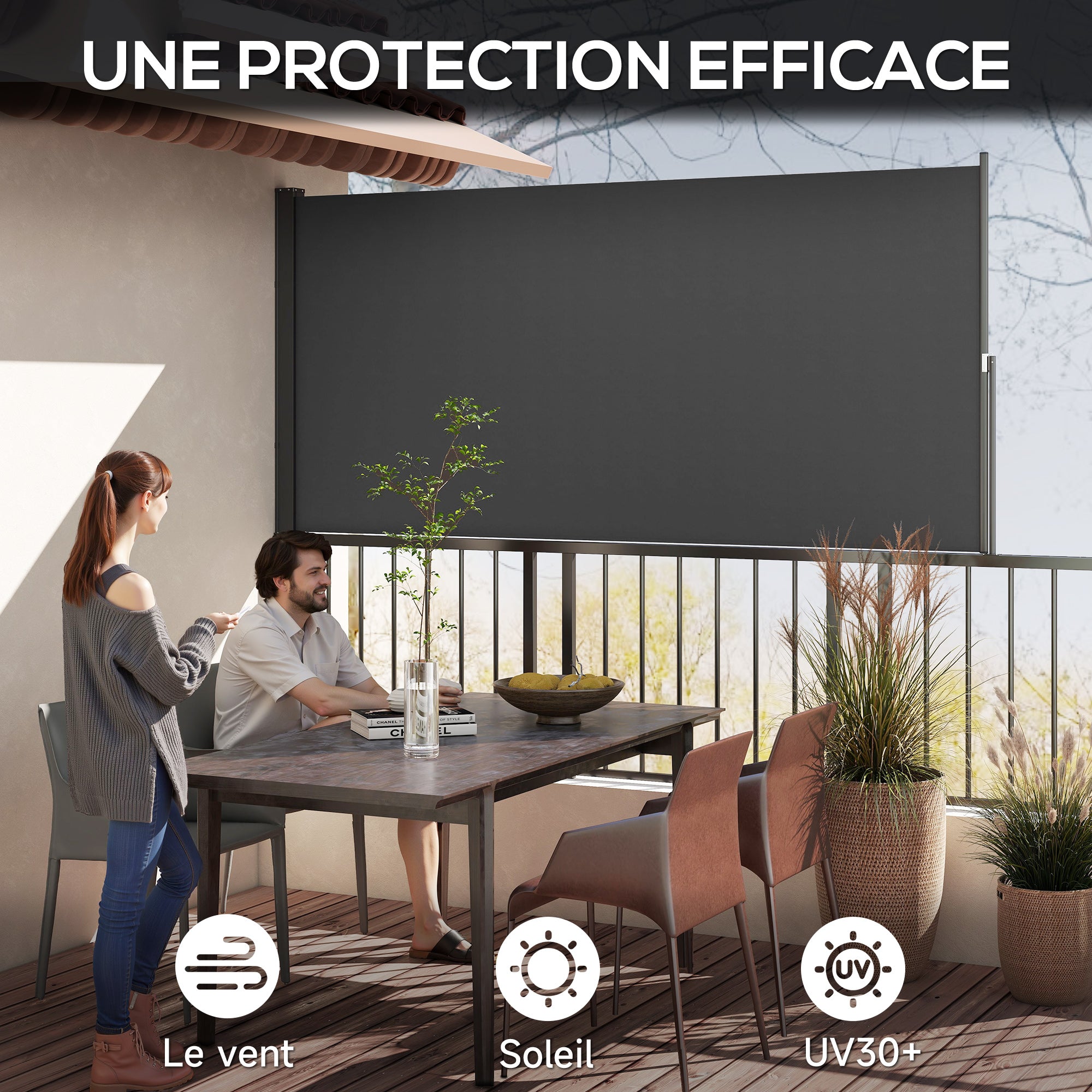Retractable Garden Side Awning Screen 3m x 1.4m Aluminum Polyester Anti-UV High-Density 180 g/m² Dark Gray